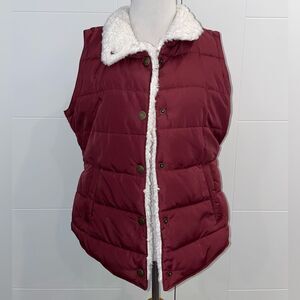 Vest, burgundy and cream fleece vest